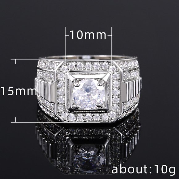 "Fever Square Glitter Zircon Silver Chunky Wedding Rings for Man, PD663 - Picture 10 of 11